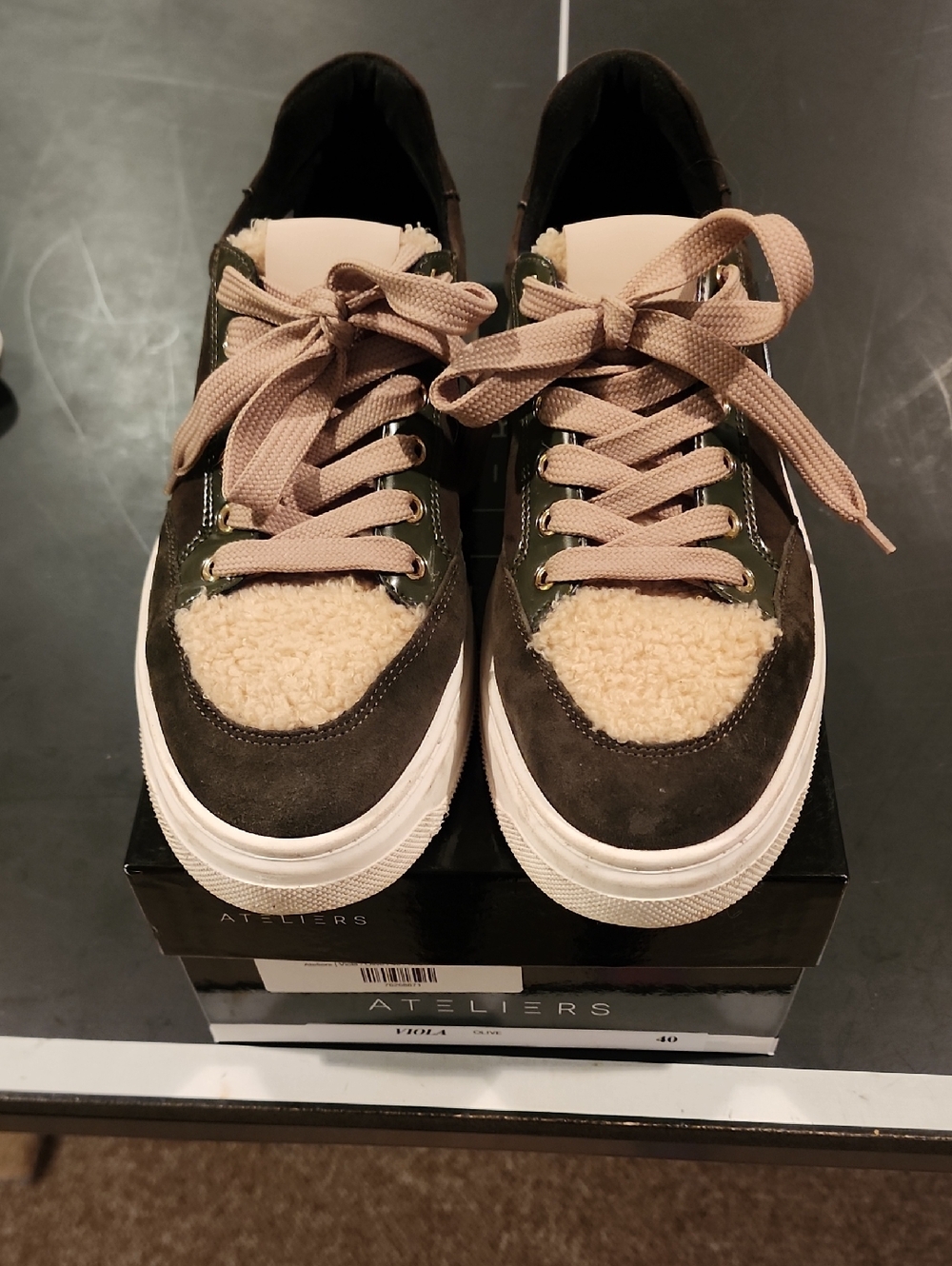 Ateliers Olive & Cream Sherpa Trim Lace-Up Sneakers